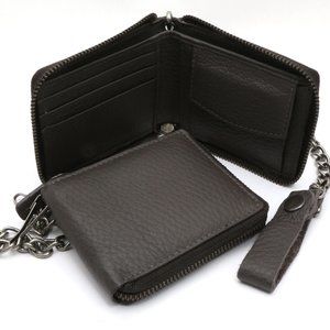 Bifold Brown Genuine Leather Scale Texture Zip-Around Wallet with a Chain